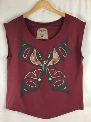 Open image in slideshow, Womens Cap-sleeve Bamboo Top - BUTTERFLY/graphite metallic

